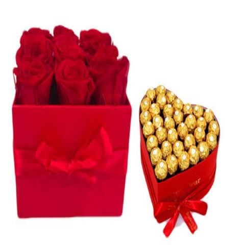 boite de roses avec boite de 16 chocolat Ferrero